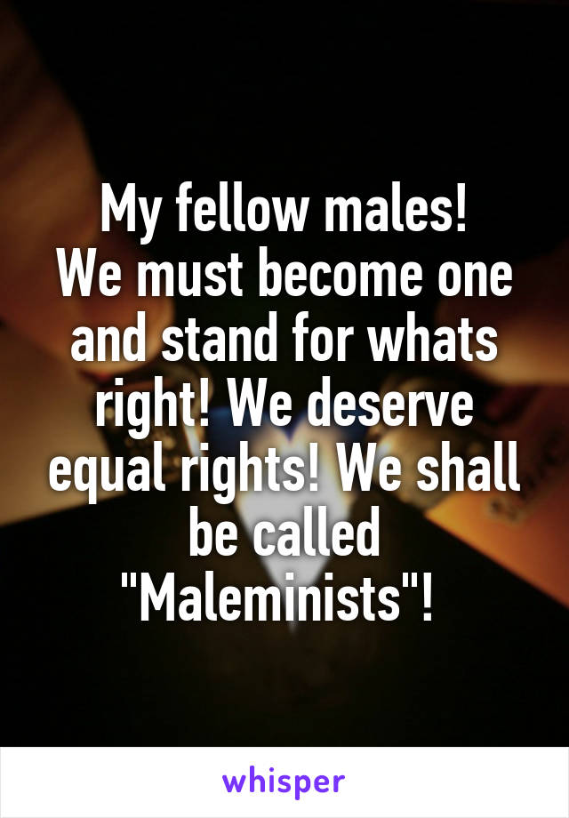 My fellow males!
We must become one and stand for whats right! We deserve equal rights! We shall be called "Maleminists"! 