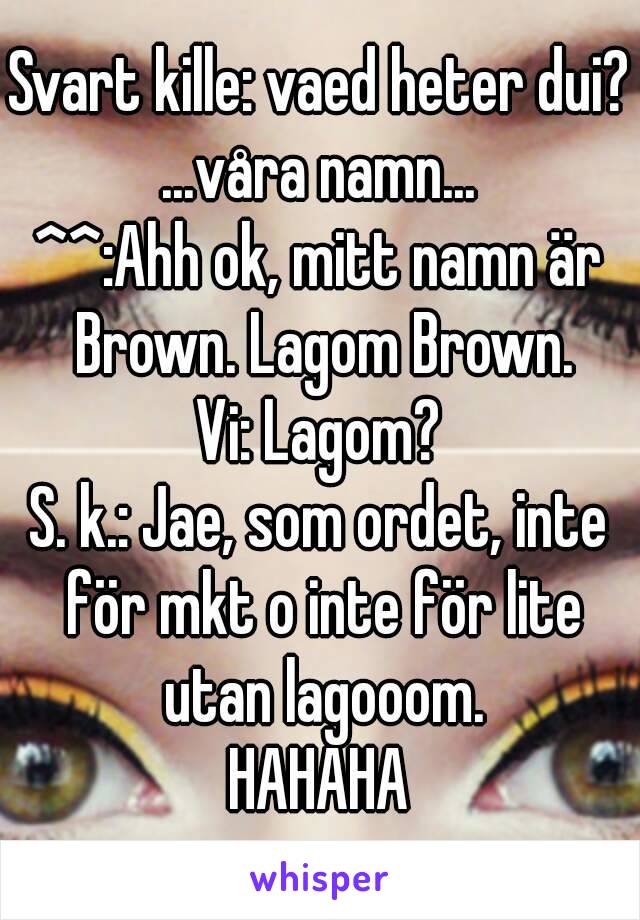 Svart kille: vaed heter dui?
...våra namn...
^^:Ahh ok, mitt namn är Brown. Lagom Brown.
Vi: Lagom?
S. k.: Jae, som ordet, inte för mkt o inte för lite utan lagooom.
HAHAHA