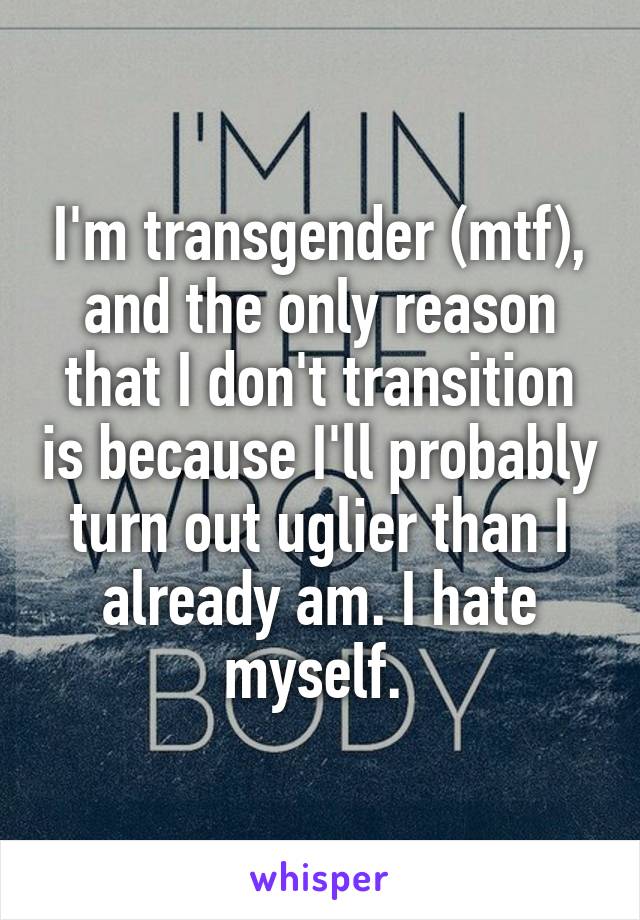 I'm transgender (mtf), and the only reason that I don't transition is because I'll probably turn out uglier than I already am. I hate myself. 