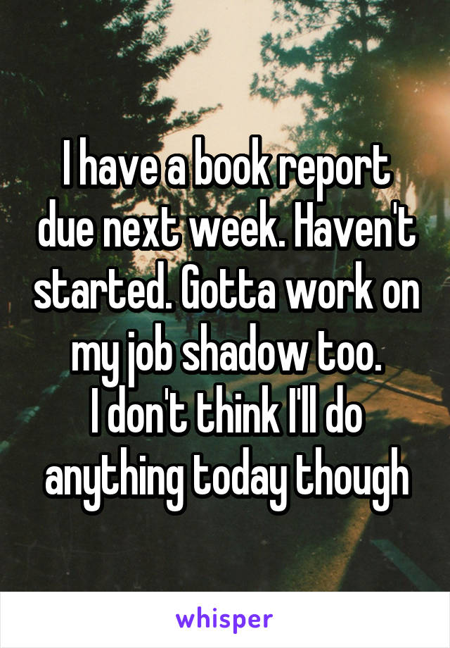 I have a book report due next week. Haven't started. Gotta work on my job shadow too.
I don't think I'll do anything today though