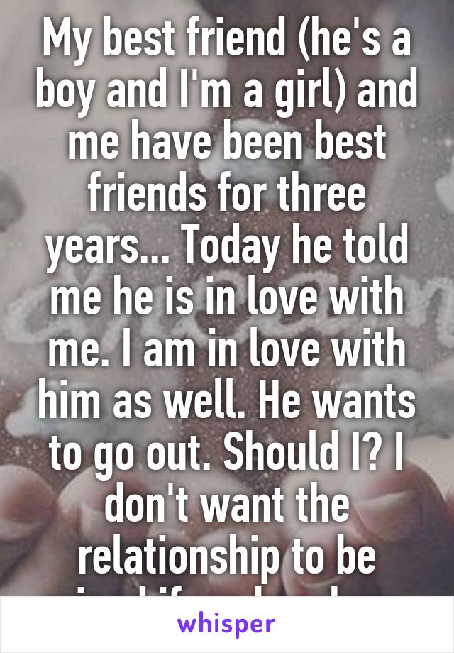 My best friend (he's a boy and I'm a girl) and me have been best friends for three years... Today he told me he is in love with me. I am in love with him as well. He wants to go out. Should I? I don't want the relationship to be ruined if we break up.