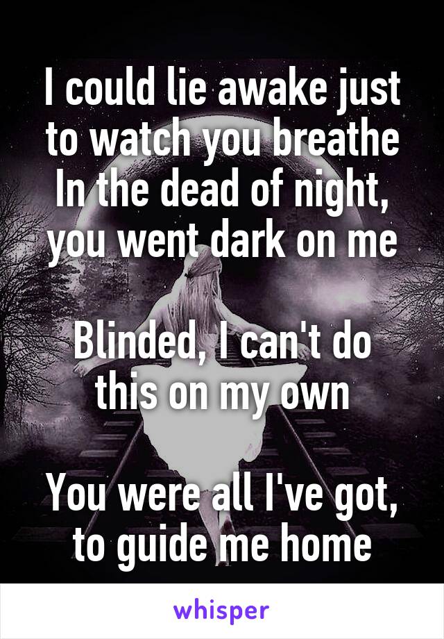 I could lie awake just to watch you breathe
In the dead of night, you went dark on me

Blinded, I can't do this on my own

You were all I've got, to guide me home