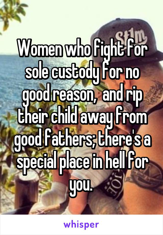 Women who fight for sole custody for no good reason,  and rip their child away from good fathers; there's a special place in hell for you. 