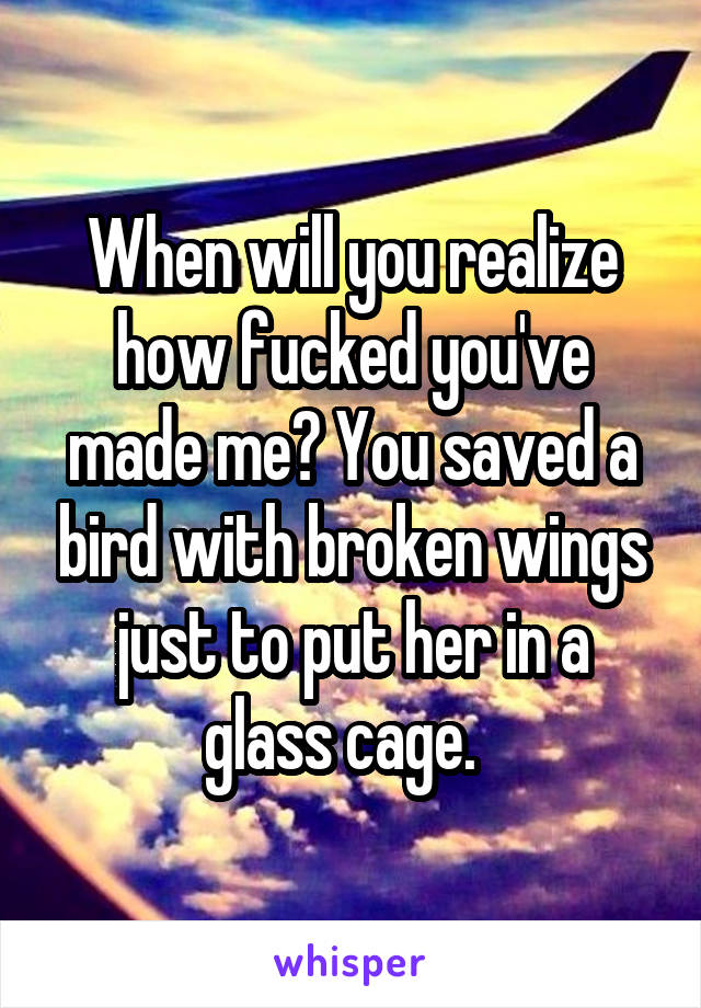 When will you realize how fucked you've made me? You saved a bird with broken wings just to put her in a glass cage.  