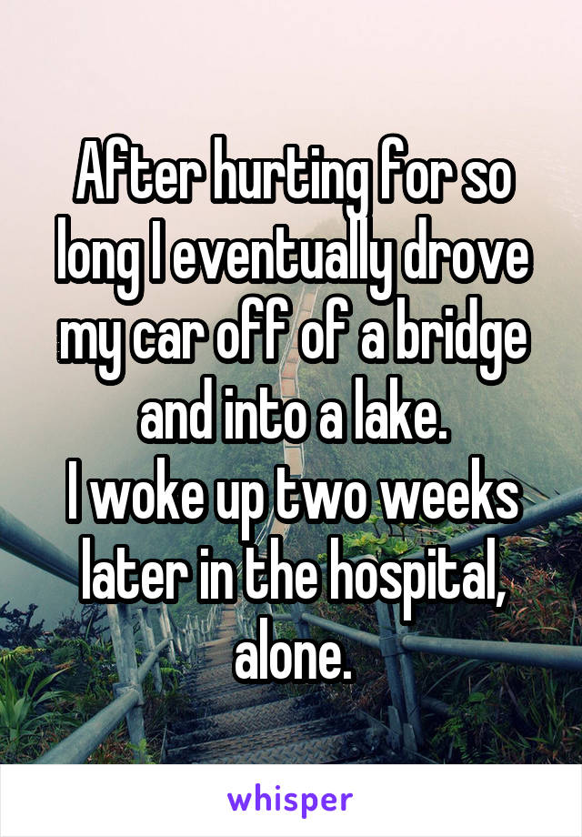 After hurting for so long I eventually drove my car off of a bridge and into a lake.
I woke up two weeks later in the hospital, alone.