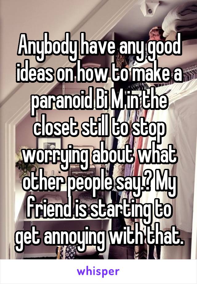 Anybody have any good ideas on how to make a paranoid Bi M in the closet still to stop worrying about what other people say.? My friend is starting to get annoying with that.