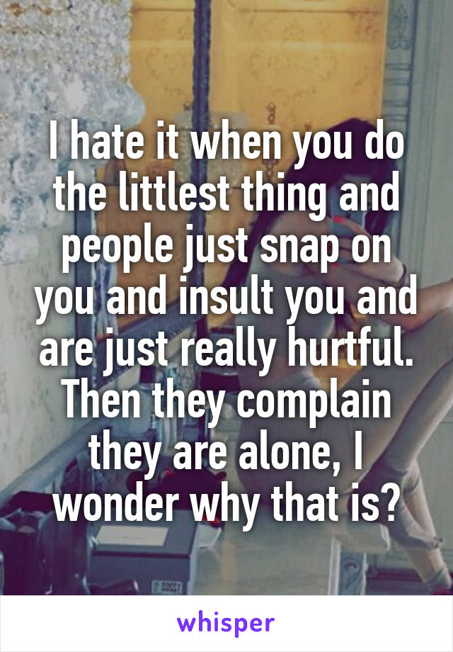 I hate it when you do the littlest thing and people just snap on you and insult you and are just really hurtful. Then they complain they are alone, I wonder why that is?