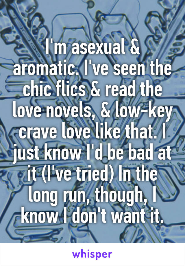 I'm asexual & aromatic. I've seen the chic flics & read the love novels, & low-key crave love like that. I just know I'd be bad at it (I've tried) In the long run, though, I know I don't want it.