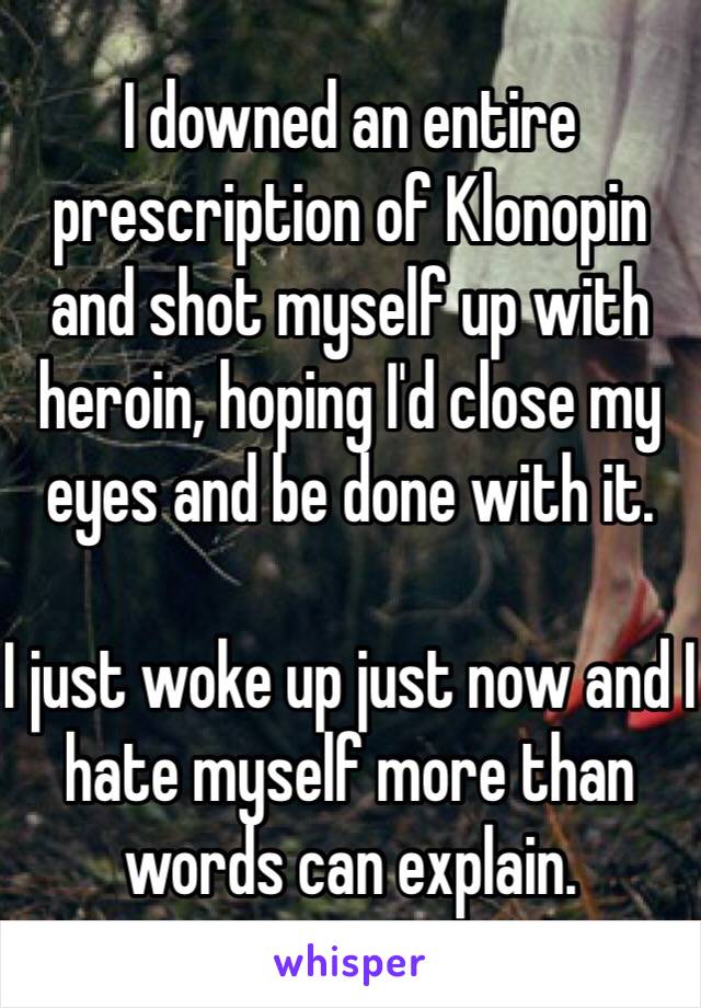 I downed an entire prescription of Klonopin and shot myself up with heroin, hoping I'd close my eyes and be done with it.

I just woke up just now and I hate myself more than words can explain.