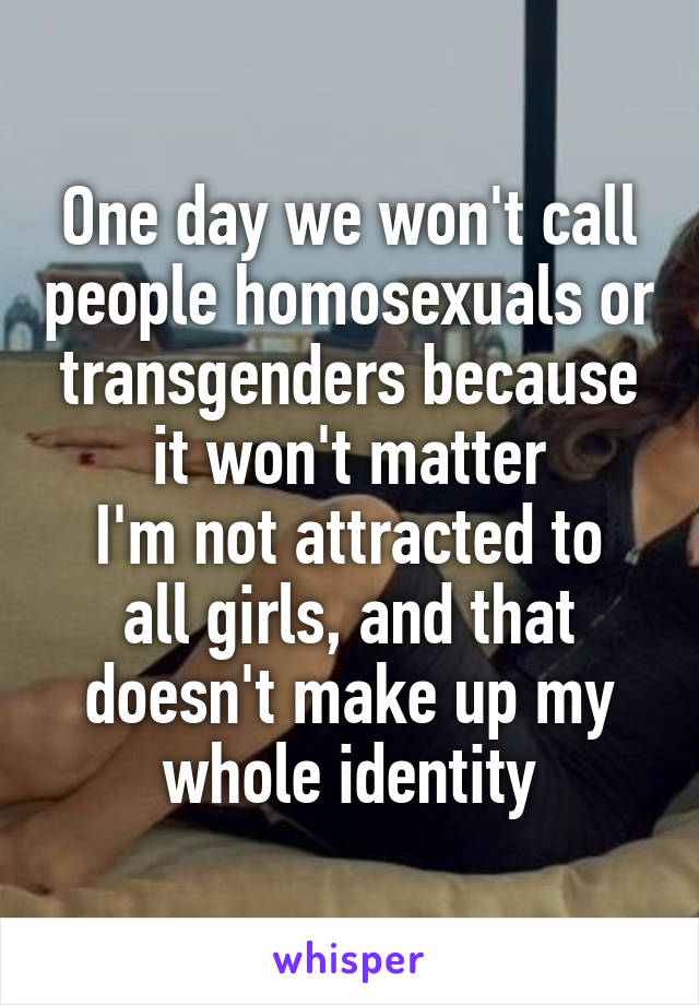 One day we won't call people homosexuals or transgenders because it won't matter
I'm not attracted to all girls, and that doesn't make up my whole identity