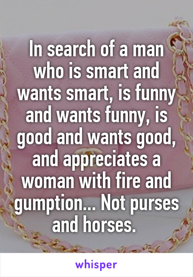 In search of a man who is smart and wants smart, is funny and wants funny, is good and wants good, and appreciates a woman with fire and gumption... Not purses and horses. 