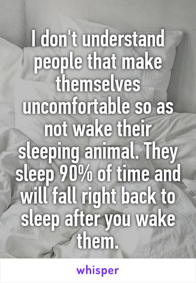 I don't understand people that make themselves uncomfortable so as not wake their sleeping animal. They sleep 90% of time and will fall right back to sleep after you wake them.