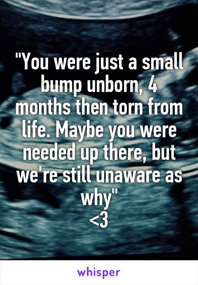 "You were just a small bump unborn, 4 months then torn from life. Maybe you were needed up there, but we're still unaware as why"
<\3