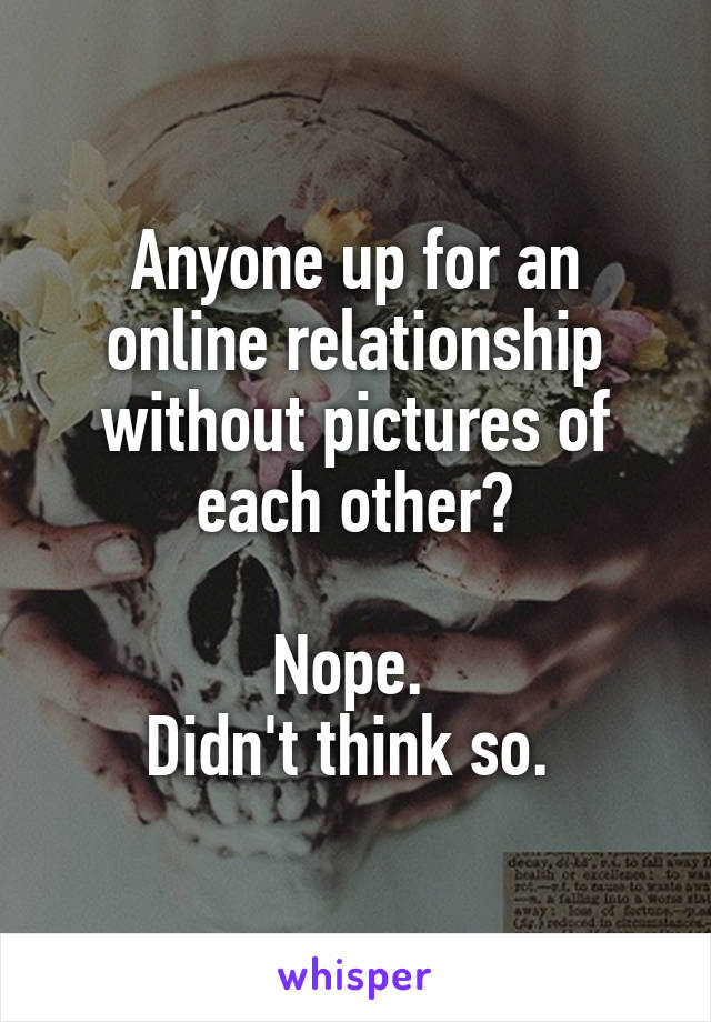 Anyone up for an online relationship without pictures of each other?

Nope. 
Didn't think so. 