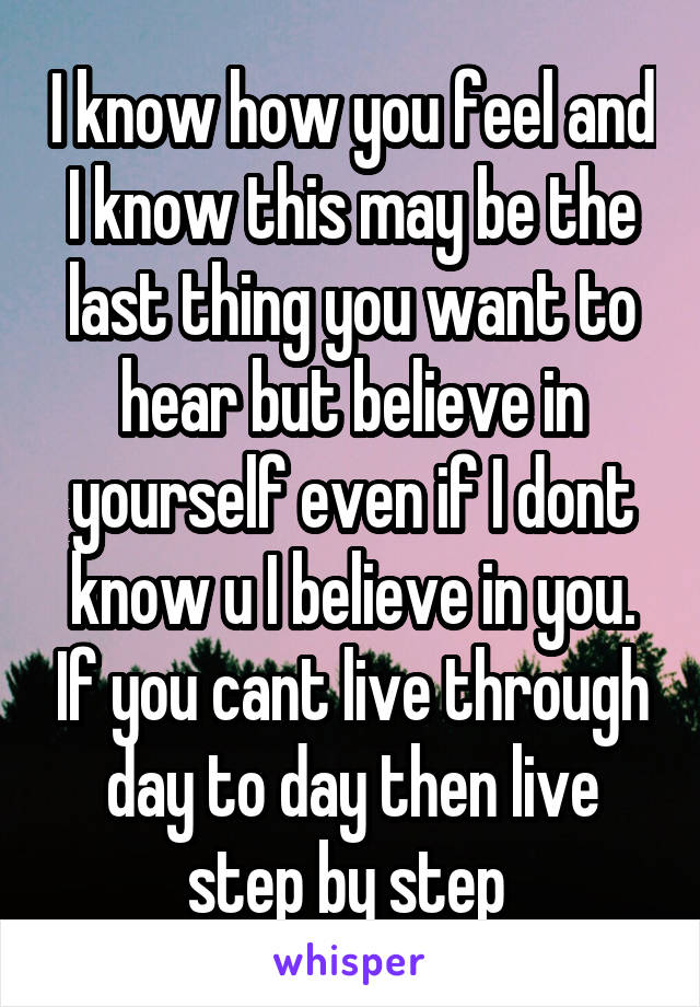 I know how you feel and I know this may be the last thing you want to hear but believe in yourself even if I dont know u I believe in you. If you cant live through day to day then live step by step 