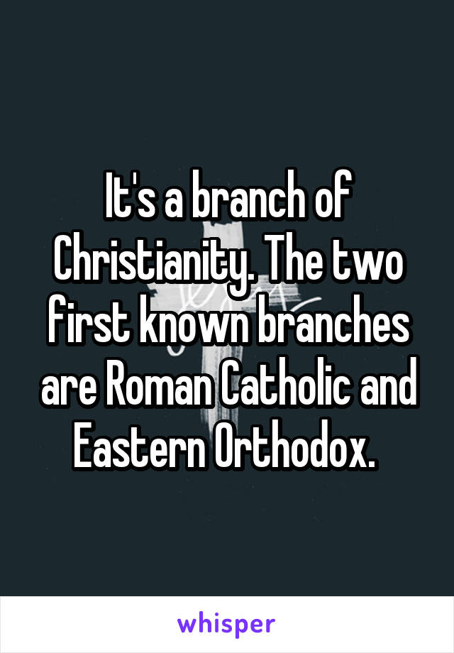 It's a branch of Christianity. The two first known branches are Roman Catholic and Eastern Orthodox. 