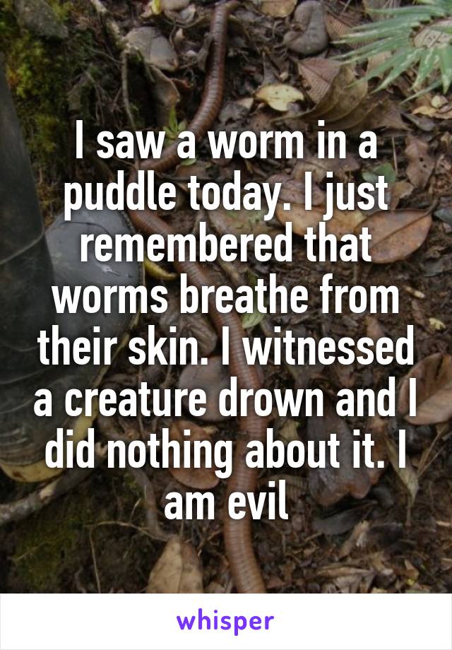 I saw a worm in a puddle today. I just remembered that worms breathe from their skin. I witnessed a creature drown and I did nothing about it. I am evil