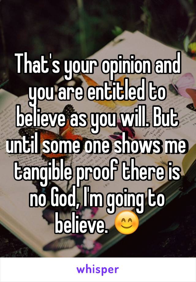 That's your opinion and you are entitled to believe as you will. But until some one shows me tangible proof there is no God, I'm going to believe. 😊