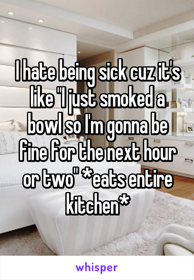 I hate being sick cuz it's like "I just smoked a bowl so I'm gonna be fine for the next hour or two" *eats entire kitchen*