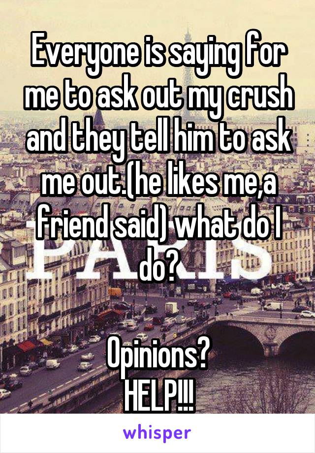 Everyone is saying for me to ask out my crush and they tell him to ask me out.(he likes me,a friend said) what do I do?

Opinions?
HELP!!!