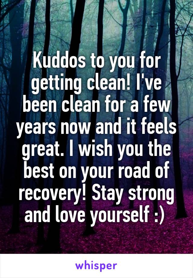 Kuddos to you for getting clean! I've been clean for a few years now and it feels great. I wish you the best on your road of recovery! Stay strong and love yourself :) 