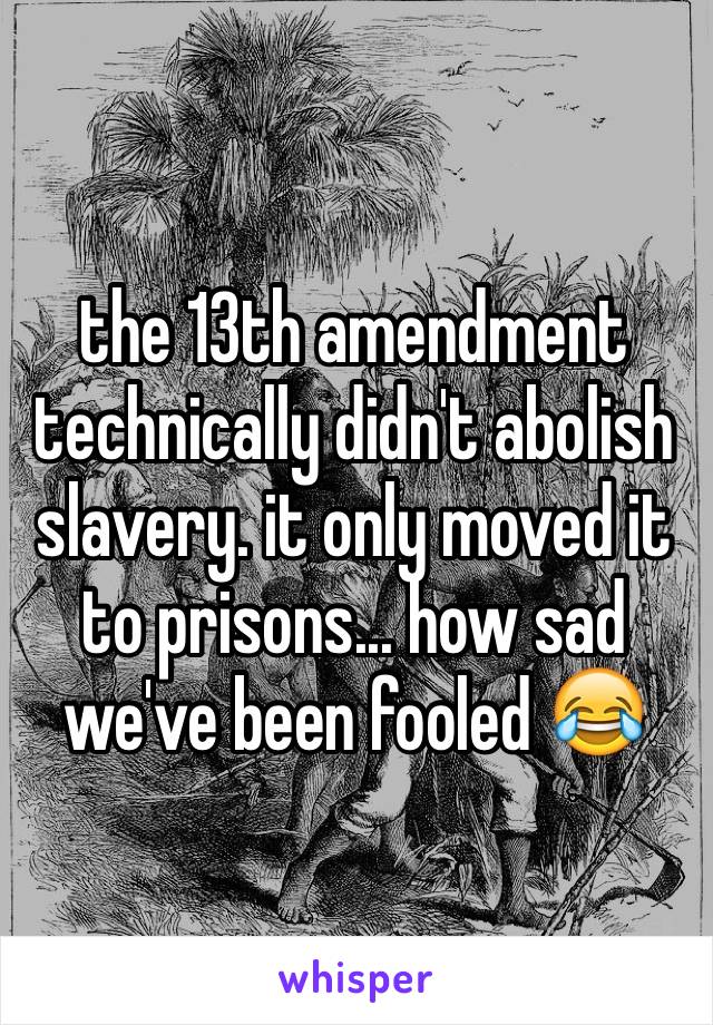 the 13th amendment technically didn't abolish slavery. it only moved it to prisons... how sad we've been fooled 😂