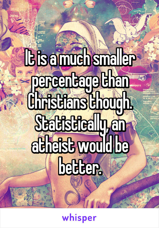 It is a much smaller percentage than Christians though.
Statistically, an atheist would be better.