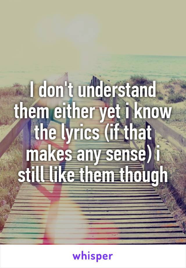 I don't understand them either yet i know the lyrics (if that makes any sense) i still like them though