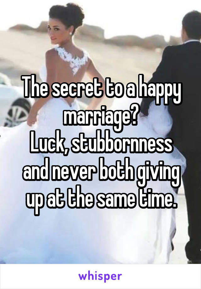 The secret to a happy marriage?
Luck, stubbornness and never both giving up at the same time.