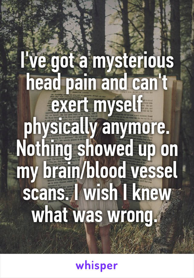 I've got a mysterious head pain and can't exert myself physically anymore. Nothing showed up on my brain/blood vessel scans. I wish I knew what was wrong. 