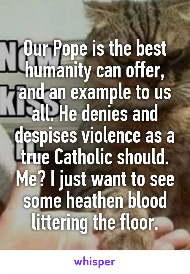 Our Pope is the best humanity can offer, and an example to us all. He denies and despises violence as a true Catholic should. Me? I just want to see some heathen blood littering the floor.