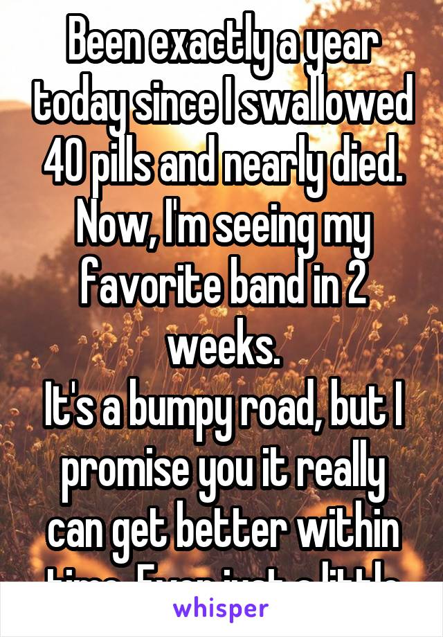 Been exactly a year today since I swallowed 40 pills and nearly died. Now, I'm seeing my favorite band in 2 weeks.
It's a bumpy road, but I promise you it really can get better within time. Even just a little