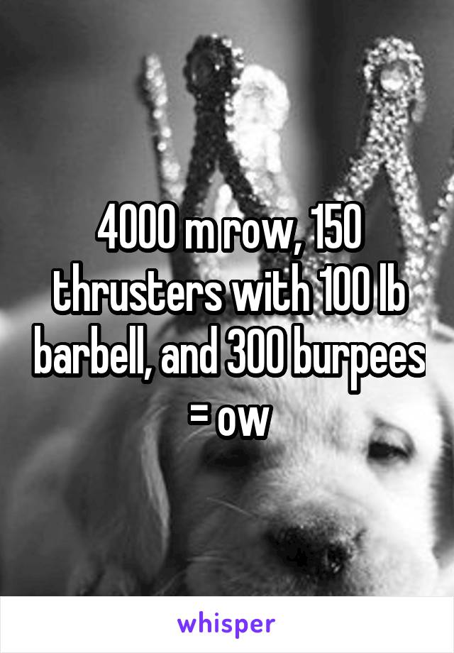 4000 m row, 150 thrusters with 100 lb barbell, and 300 burpees = ow