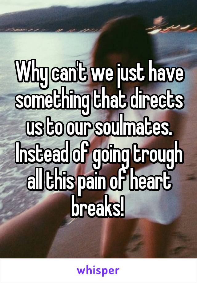 Why can't we just have something that directs us to our soulmates. Instead of going trough all this pain of heart breaks! 
