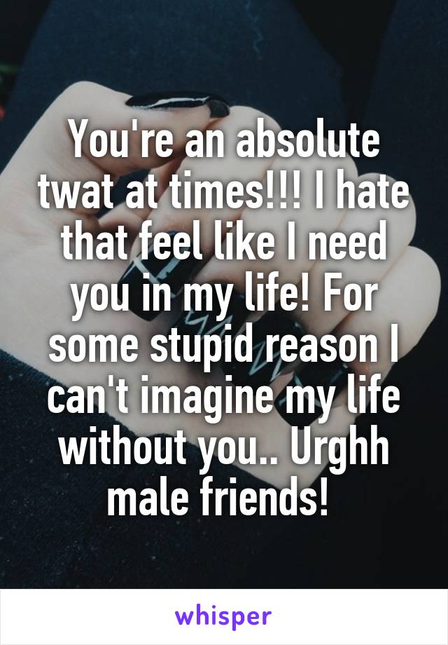 You're an absolute twat at times!!! I hate that feel like I need you in my life! For some stupid reason I can't imagine my life without you.. Urghh male friends! 