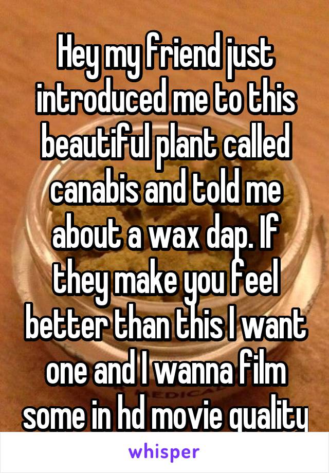 Hey my friend just introduced me to this beautiful plant called canabis and told me about a wax dap. If they make you feel better than this I want one and I wanna film some in hd movie quality
