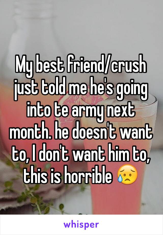 My best friend/crush just told me he's going into te army next month. he doesn't want to, I don't want him to, this is horrible 😥