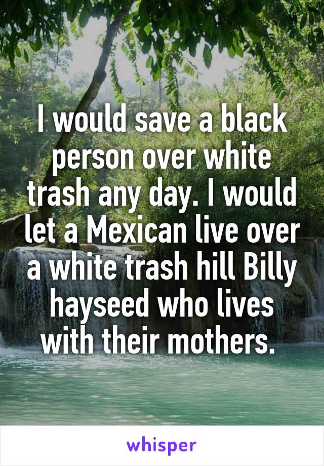 I would save a black person over white trash any day. I would let a Mexican live over a white trash hill Billy hayseed who lives with their mothers. 