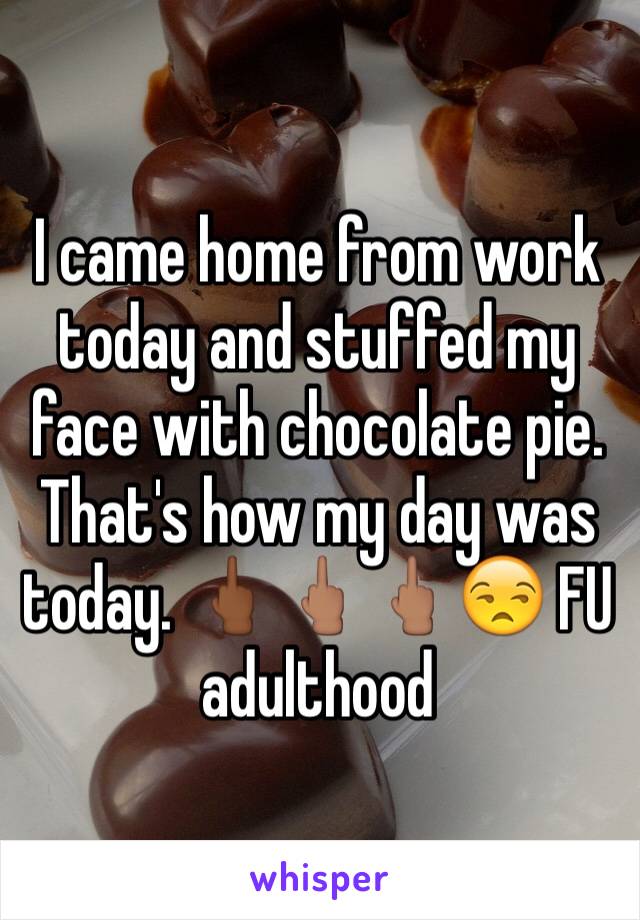 I came home from work today and stuffed my face with chocolate pie. That's how my day was today. 🖕🏾🖕🏽🖕🏽😒 FU adulthood 