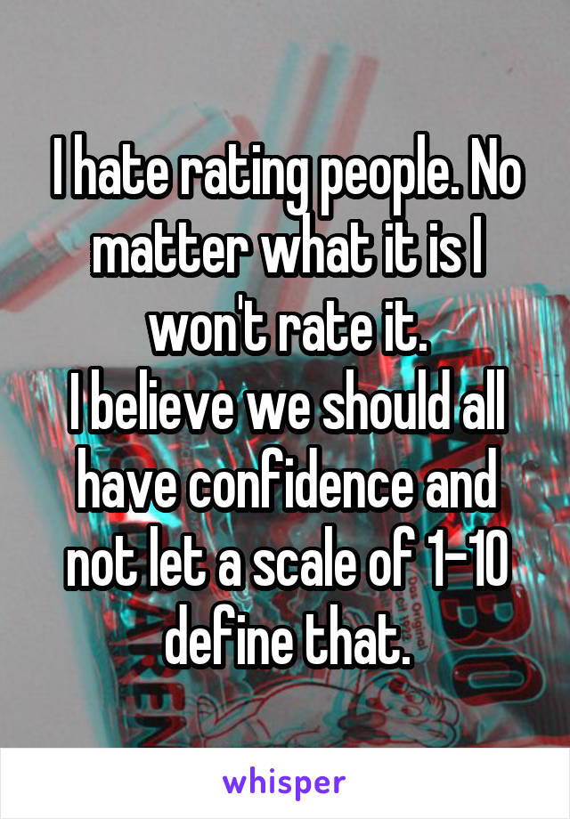 I hate rating people. No matter what it is I won't rate it.
I believe we should all have confidence and not let a scale of 1-10 define that.