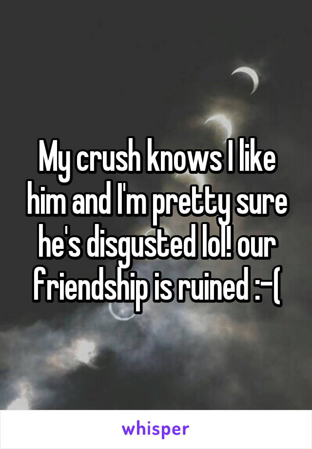 My crush knows I like him and I'm pretty sure he's disgusted lol! our friendship is ruined :-(
