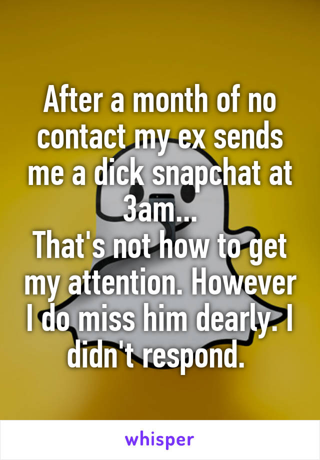 After a month of no contact my ex sends me a dick snapchat at 3am...
That's not how to get my attention. However I do miss him dearly. I didn't respond. 
