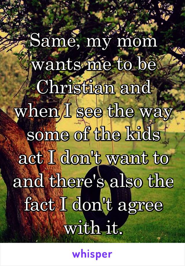 Same, my mom wants me to be Christian and when I see the way some of the kids act I don't want to and there's also the fact I don't agree with it.