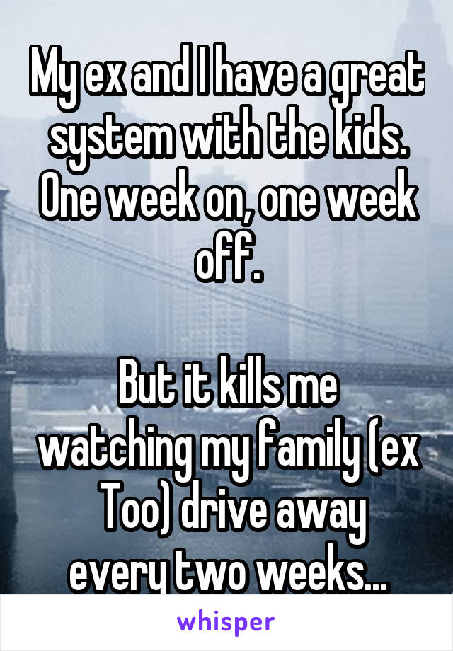 My ex and I have a great system with the kids. One week on, one week off.

But it kills me watching my family (ex
 Too) drive away every two weeks...