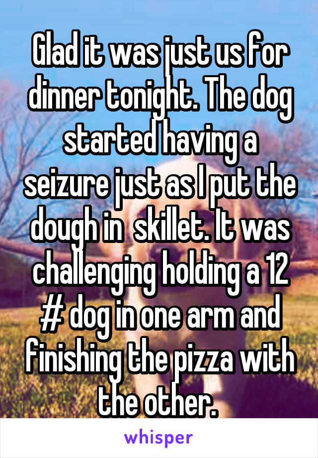 Glad it was just us for dinner tonight. The dog started having a seizure just as I put the dough in  skillet. It was challenging holding a 12 # dog in one arm and finishing the pizza with the other. 