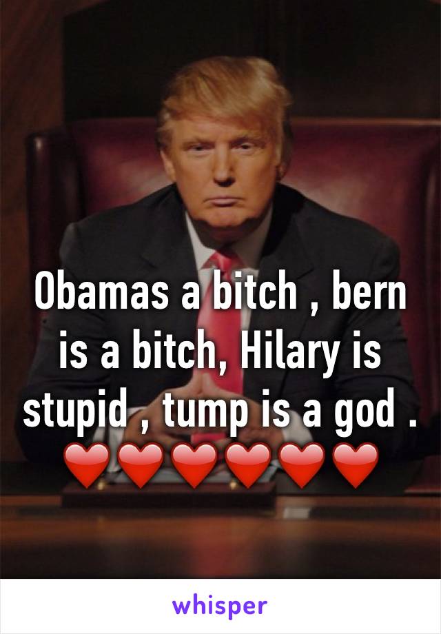 Obamas a bitch , bern is a bitch, Hilary is stupid , tump is a god . ❤️❤️❤️❤️❤️❤️