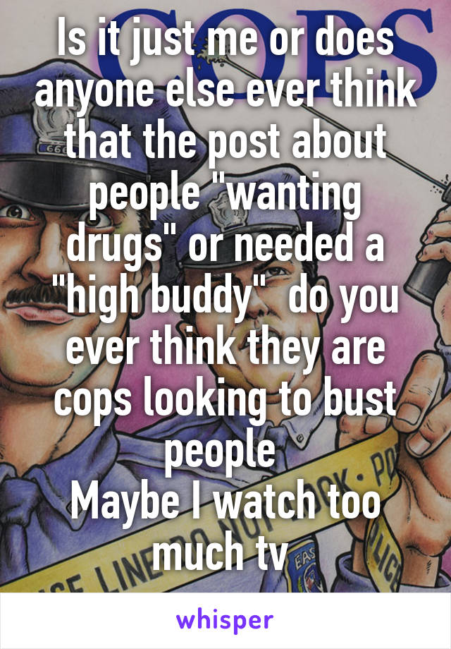 Is it just me or does anyone else ever think that the post about people "wanting drugs" or needed a "high buddy"  do you ever think they are cops looking to bust people 
Maybe I watch too much tv 
  