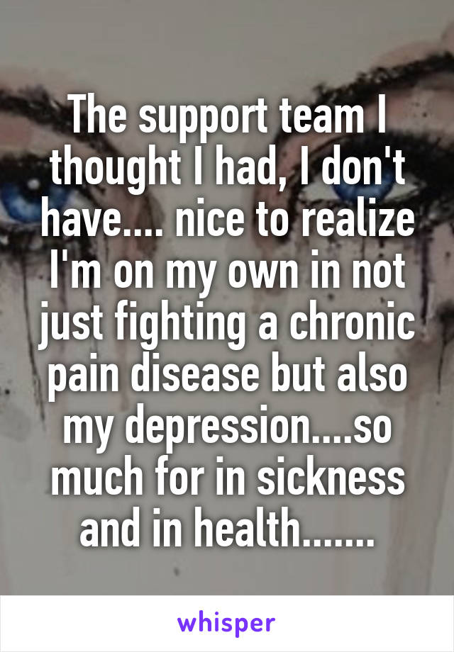 The support team I thought I had, I don't have.... nice to realize I'm on my own in not just fighting a chronic pain disease but also my depression....so much for in sickness and in health.......