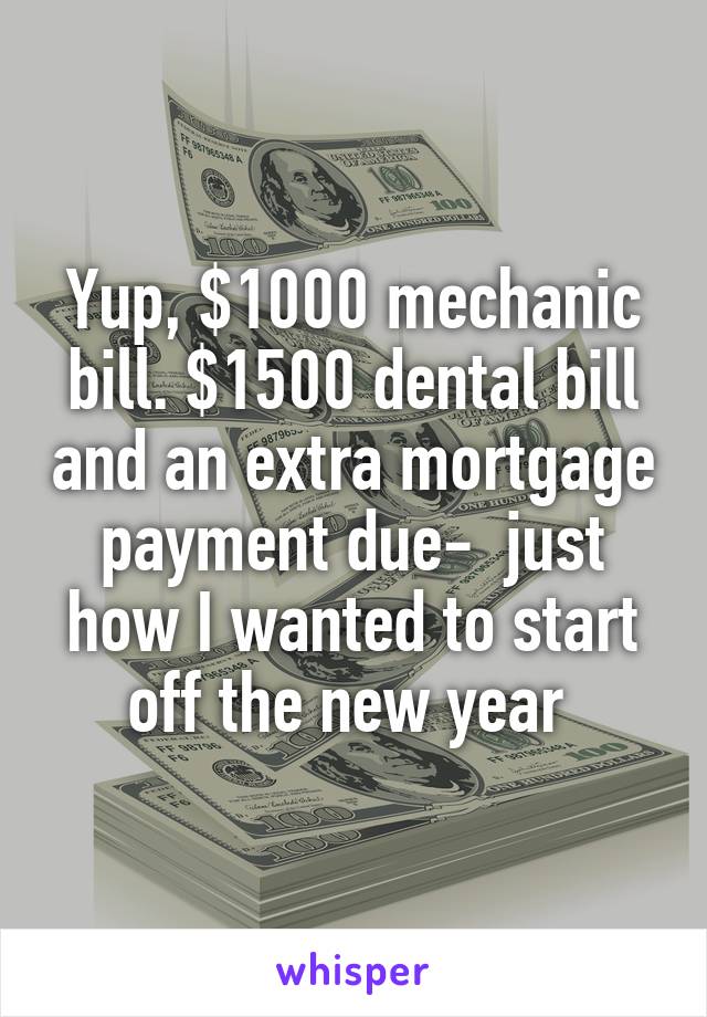 Yup, $1000 mechanic bill. $1500 dental bill and an extra mortgage payment due-  just how I wanted to start off the new year 