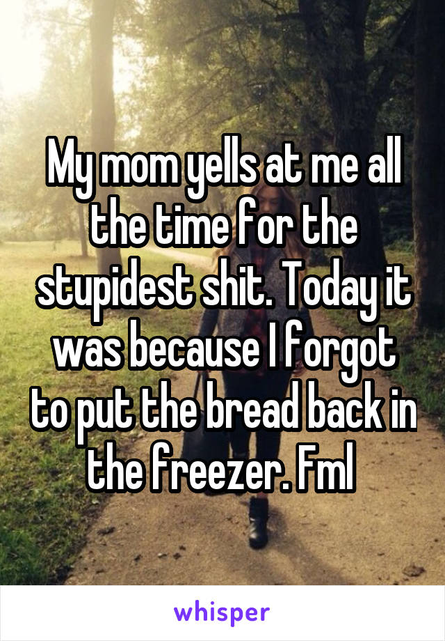 My mom yells at me all the time for the stupidest shit. Today it was because I forgot to put the bread back in the freezer. Fml 